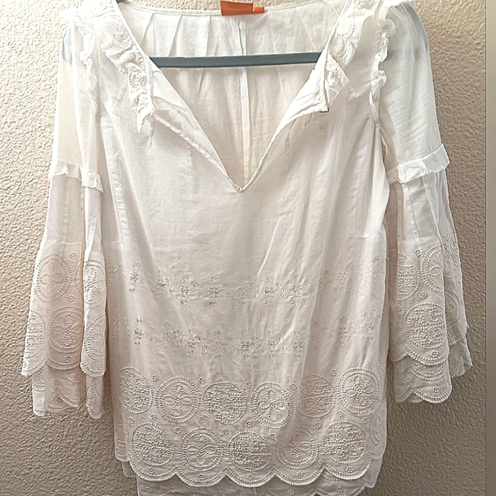 TORI BURCH Embroidered Ruffle Sleeve Tunic Top